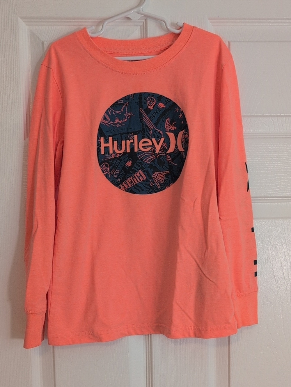 Hurley Boy's Neon Orange Long Sleeve Tee with Navy Graphic Logo